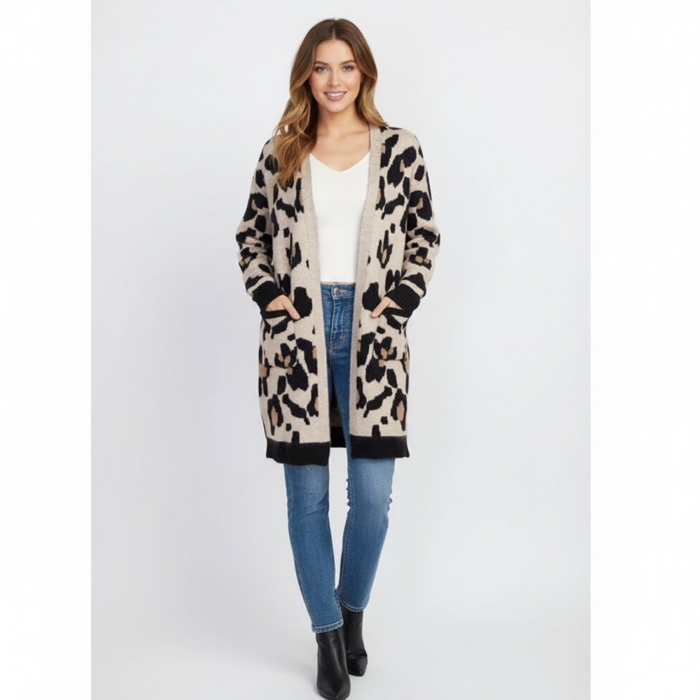 Leopard Print Cardigan Sweater | Long Sleeve Open Front Knit‎ | Size S/M